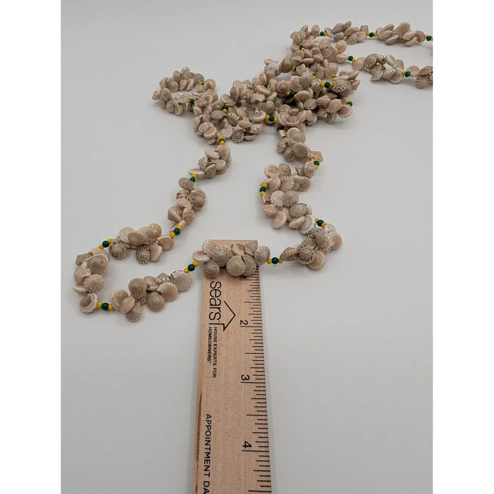 Vintage‎ Long Shell Lei Necklace Green Yellow Seed Beads Boho Coastal 60 Inch